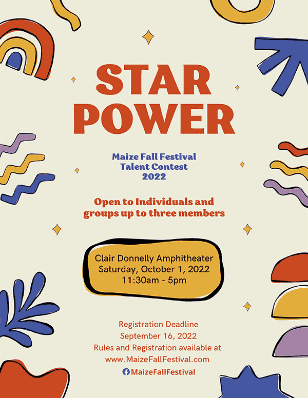 Star Power Talent Contest - October 1, 2022 at 11:30 am at the Clair Donnelly Amphitheater - Maize City Park